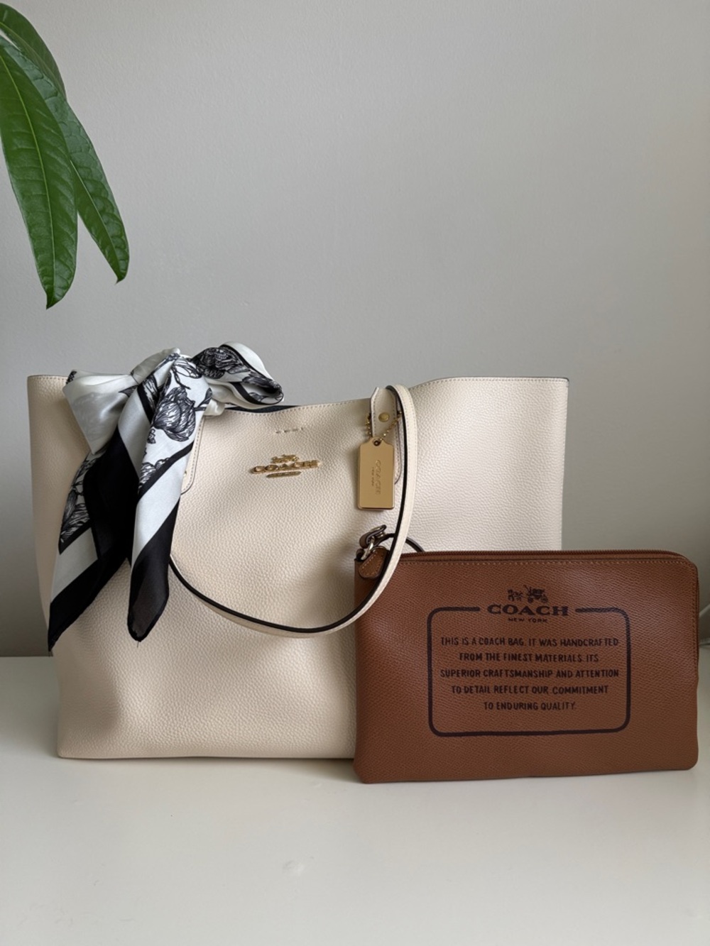 Coach Pebbled Chalk Leather Town Tote with Brown Pouch and a scarf accent